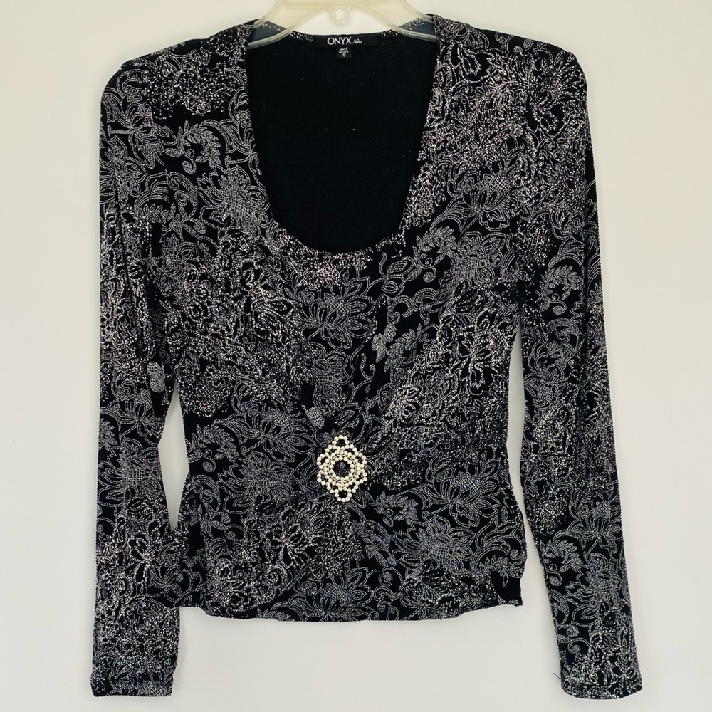 Onyx Nite Black and Silver Formal Cocktail Blouse Size S